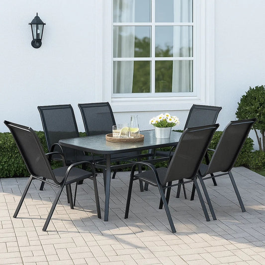 Kara Dining Set, Seating for 6 with Glass Top Table & Black Chairs