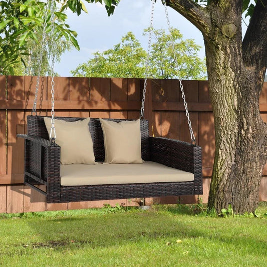 Zen 2-Person Rattan Hanging Porch Swing Chair with Cushions and Chains