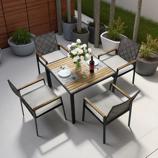 Verano Rattan Patio Dining Set with Slatted Table and 4 Stackable Chairs